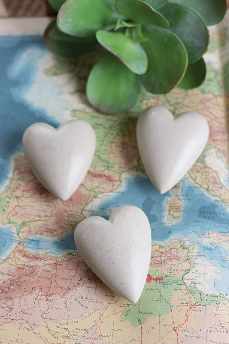 Set of 6 White Hand-Carved Stone Hearts