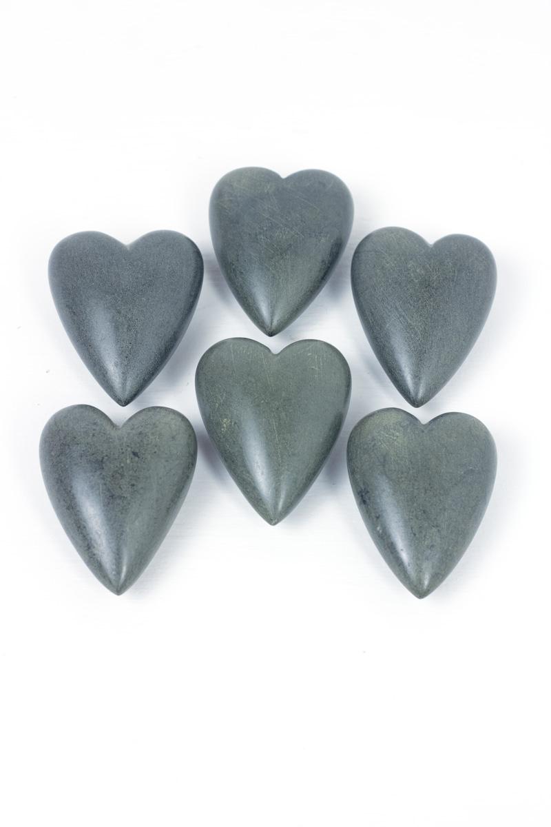 Dark Grey Hand Carved Stone Hearts. Set of 6. Made in Haiti.