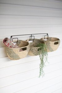 Haitian Metal Wall Hanging Rack with Handwoven Seagrass Basket Trio
