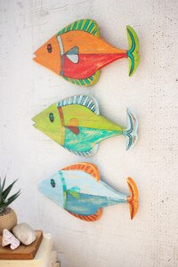 Set of 3 Colorfully Painted Wooden Fish Wall Hangings
