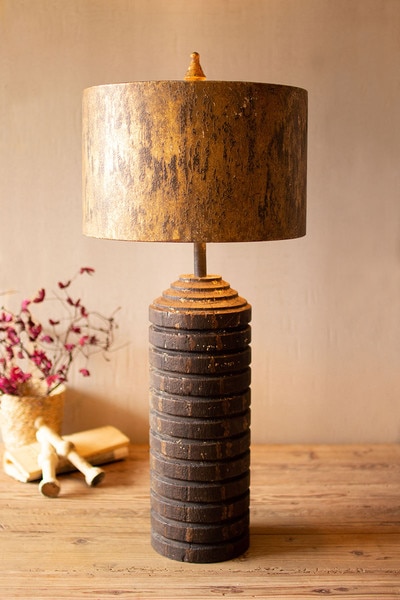 tall wooden table lamp with antique gold metal shade
