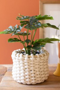 Round Coiled Cotton Basket with Rattan Trim