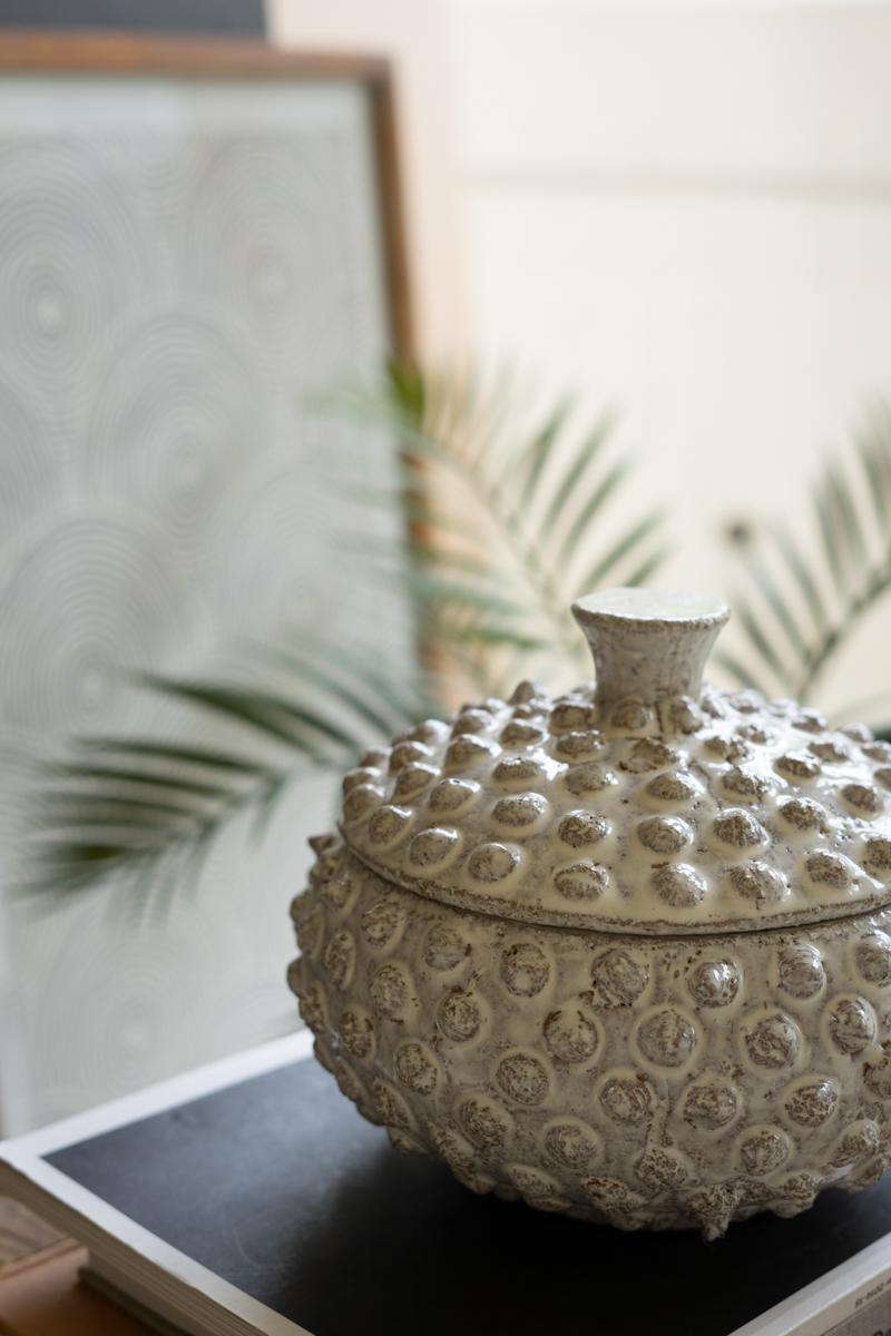 Ceramics - set of 2 round knobby white ceramic canisters
