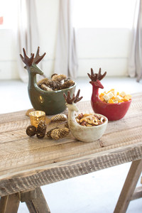 set of 3 ceramic deer bowls - sage, red, white