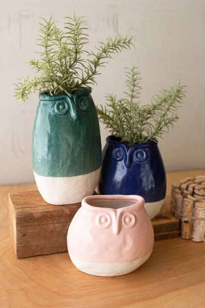 set of three ceramic owl planters