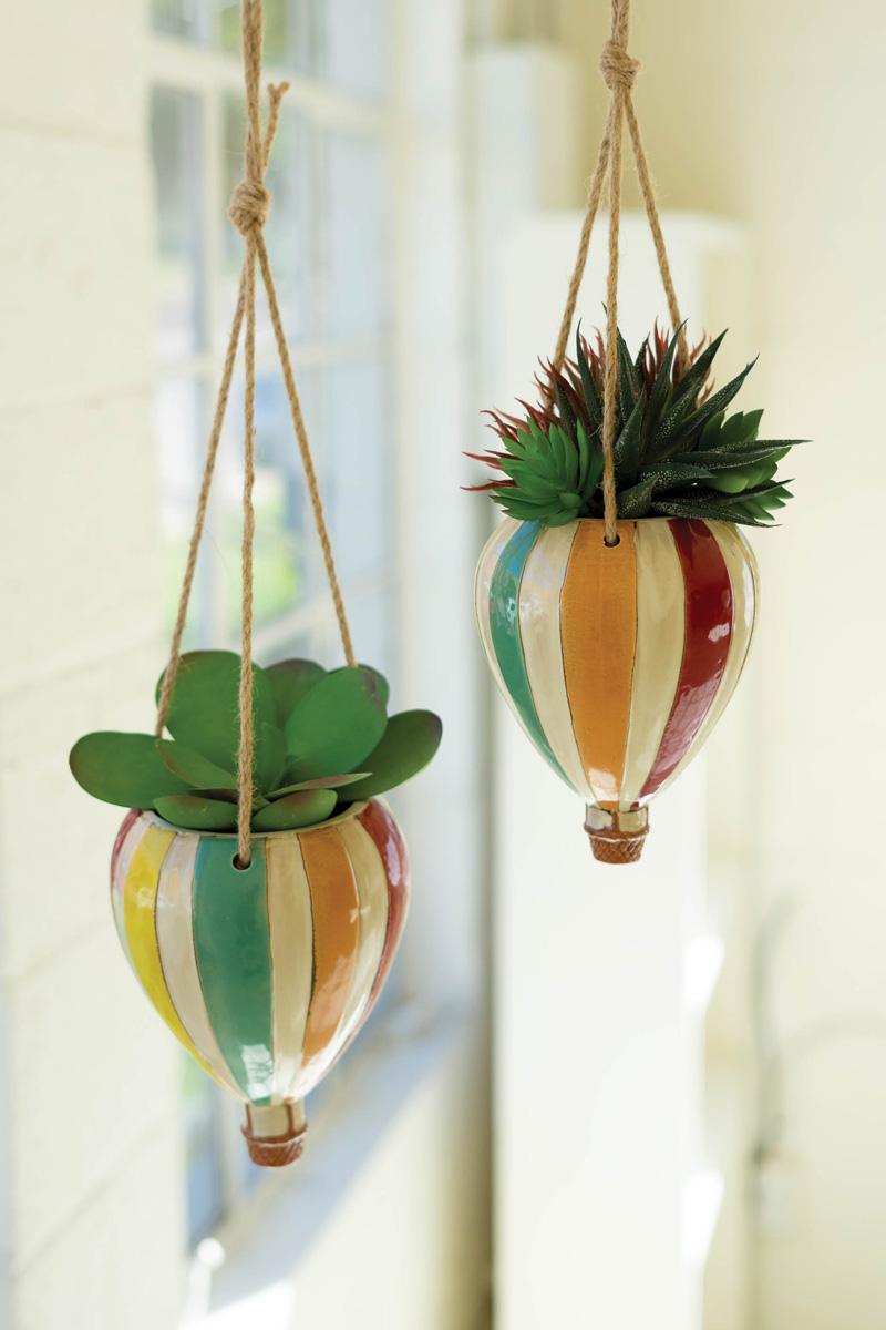 set of 2 ceramic hot air balloon hanging planters