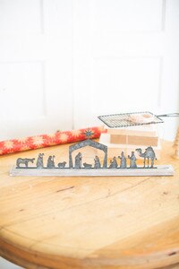 Metal Nativity on a Wooden Stand