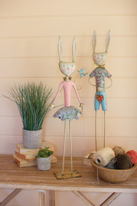 Set of 2 Painted Metal Long Legged Boy and Girl Rabbits