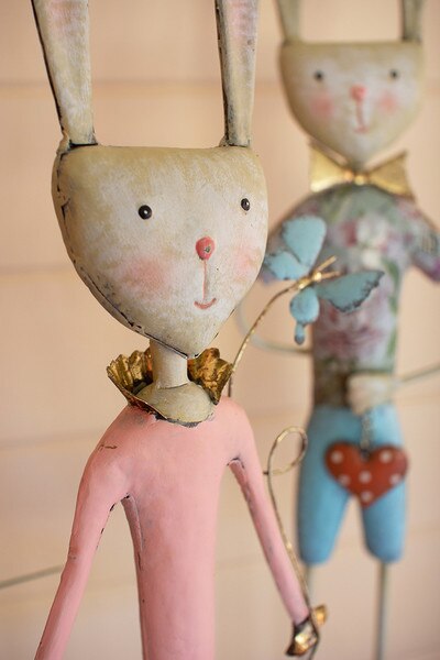 Set of 2 Painted Metal Long Legged Boy and Girl Rabbits