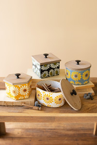 Set of 4 Wood and Metal Canisters with Painted Flower Detail