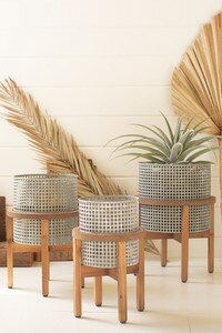 Set of 3 Woven Metal Planters with Wooden Bases