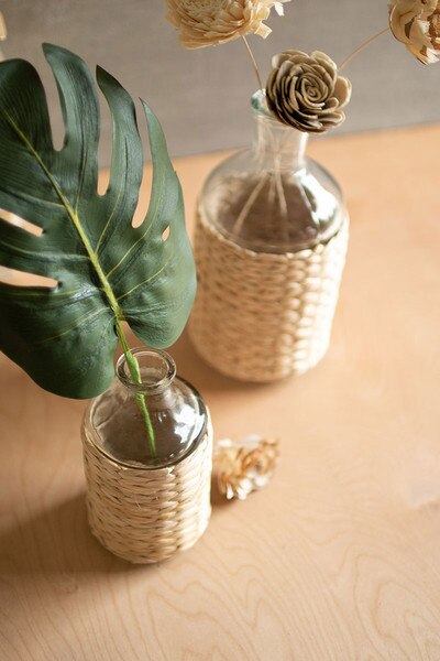 set of two seagrass wrapped tall vases