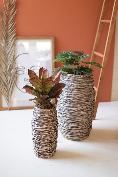 set of 2 tall oval rattan planters