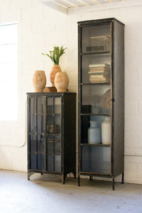tall iron and glass apothecary cabinet