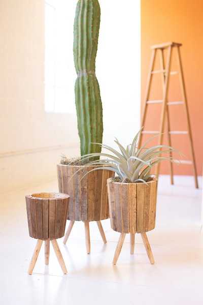 set of 3 round recycled wooden planters with legs