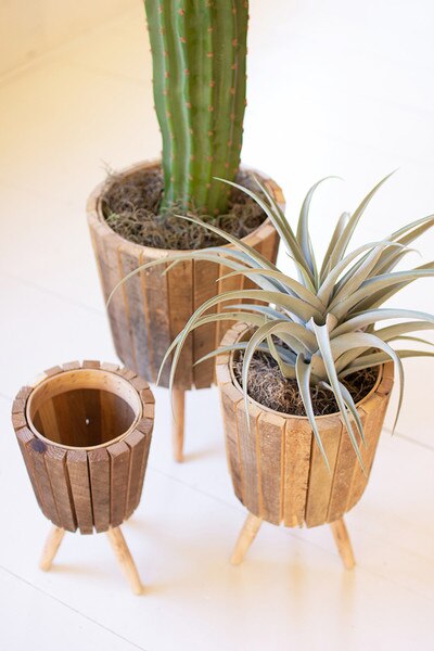 set of 3 round recycled wooden planters with legs