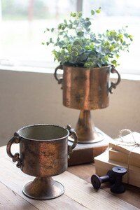 Set of 2 Antique Copper Finish Planters with Handles