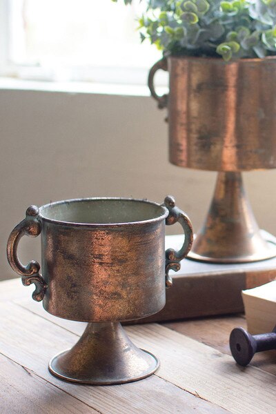 Set of 2 Antique Copper Finish Planters with Handles Finish Detail