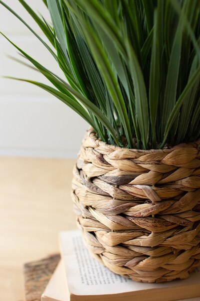 artificial grass in a woven planter