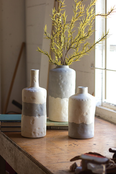 set of 3 ceramic bottle vases \ matte grey and cream