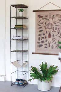 wood and metal storage tower with canvas sling shelf