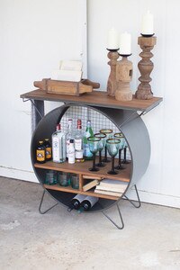 round metal cubby console with slatted wood top