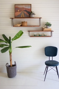 Set of 2 Recycled Honey Wood and Metal Shelves