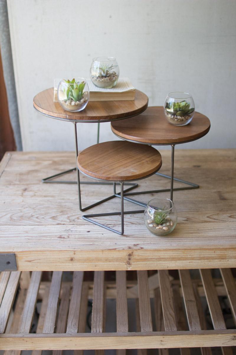 Wire Mesh Display Riser Set of 3 Round Wire Display Risers with Wood Tops