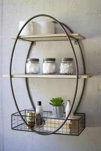 Tall Oval Metal Framed Wall Unit with Recycled Wood Shelves