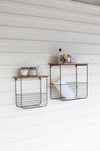 Set of 2 Wire Basket Shelves with Recycled Wood Tops