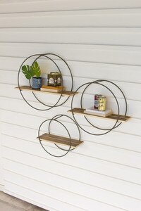 Set of 3 Recycled Wooden Shelves with Round Metal Frames