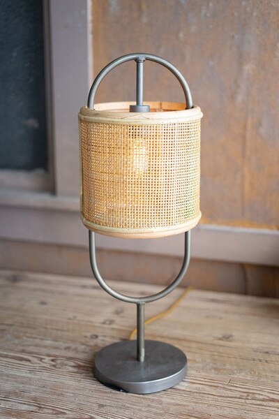 metal tabletop lamp with round rattan shade and recycled wood base