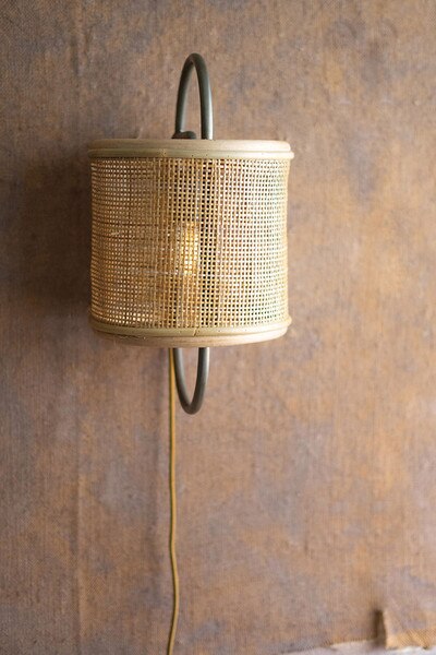 round iron & rattan wall sconce light