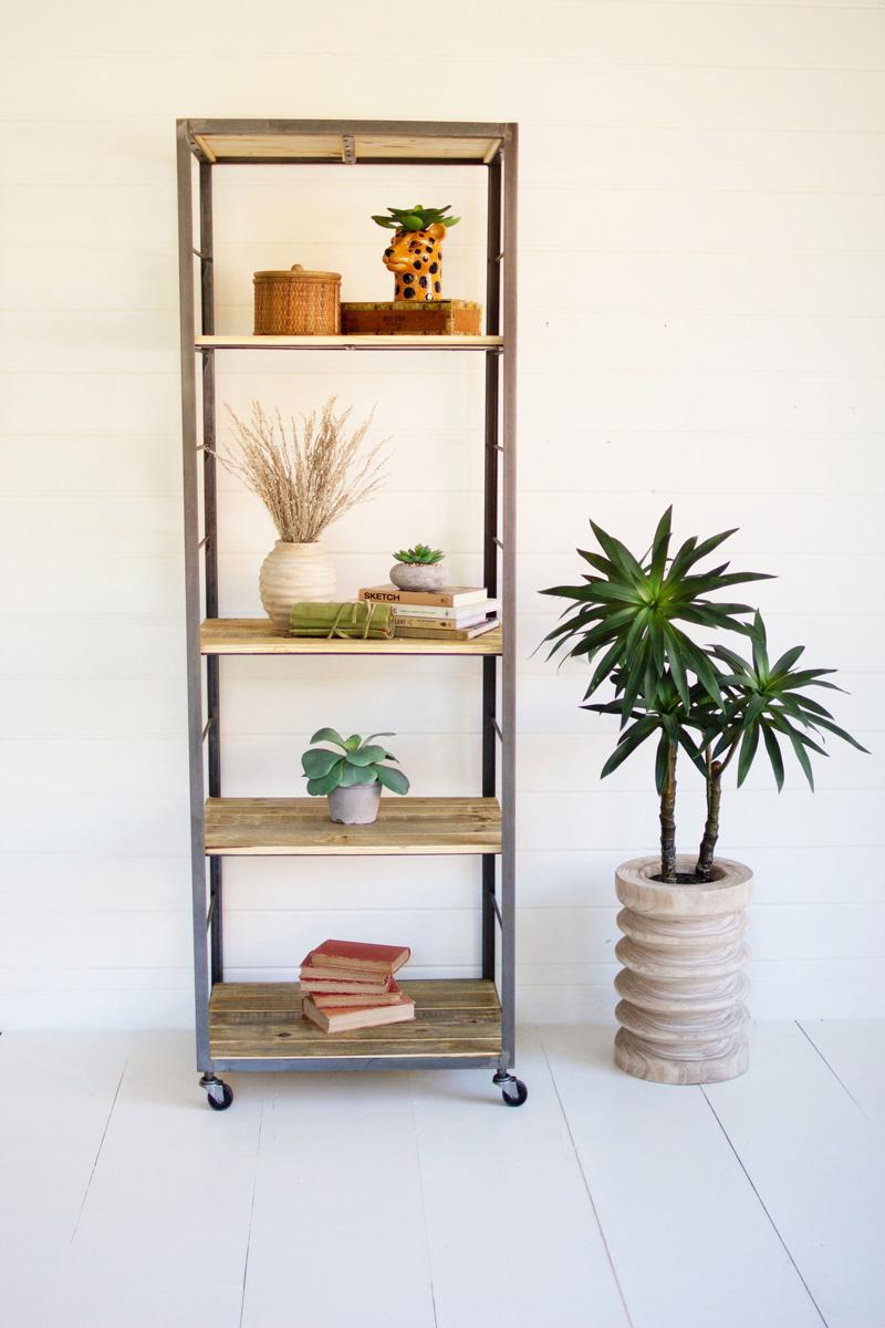 tall shelving unit with adjustable recycled wood shelves