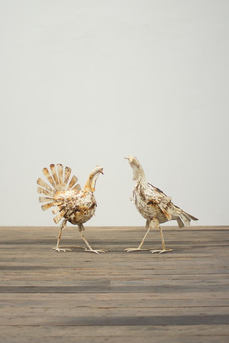 Set of 2 Antiqed Distressed White Metal Turkeys