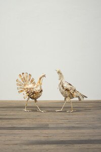 Set of 2 Antique White Metal Turkeys