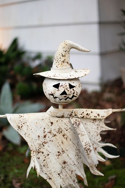 rustic white metal scarecrow yard stake