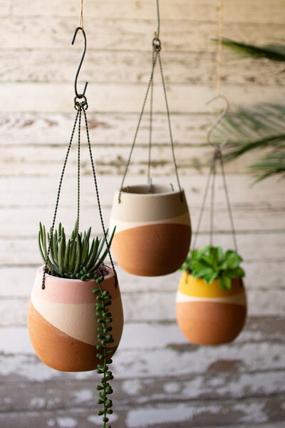 set of three color dipped hanging clay pots