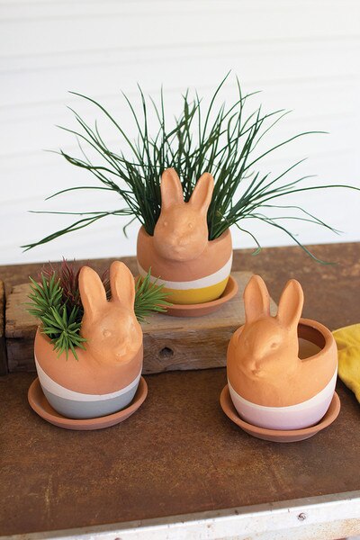set of 3 clay bunny planters
