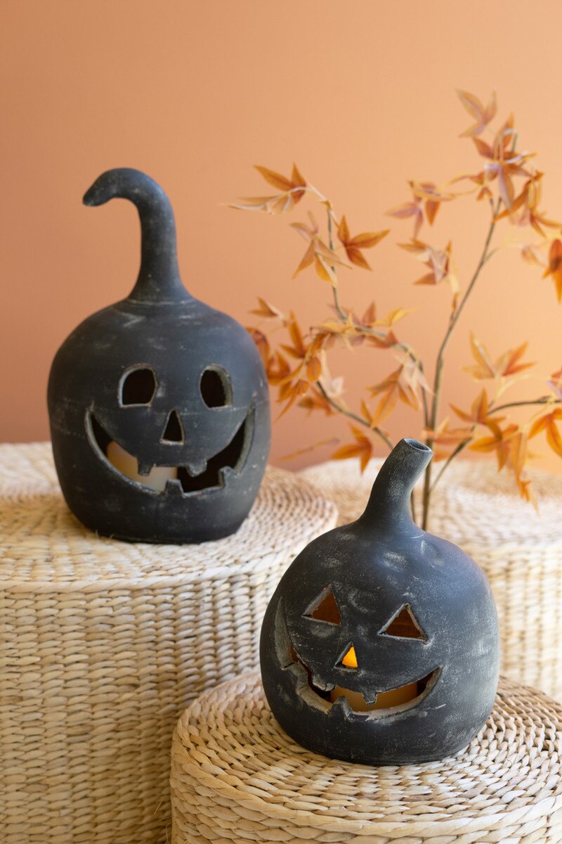 set of 2 black clay jackolanterns