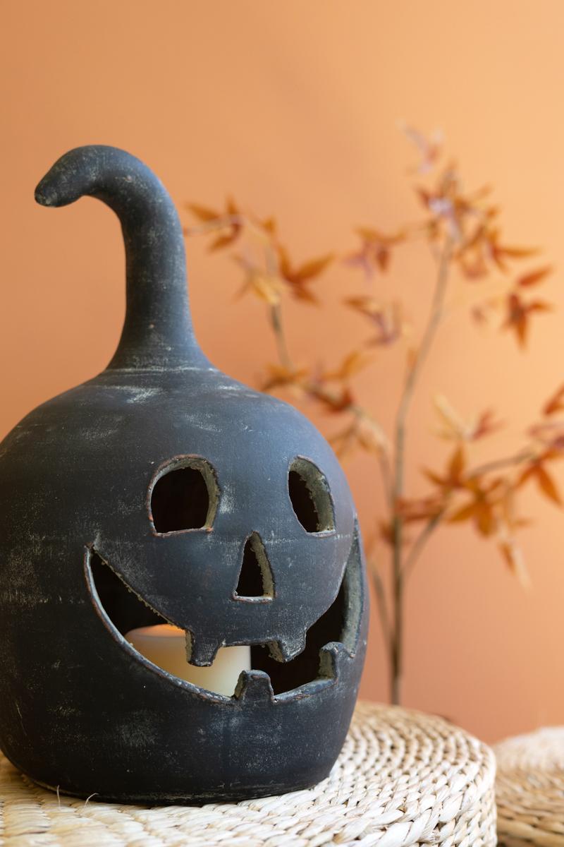 set of 2 black clay jack-o-lanterns