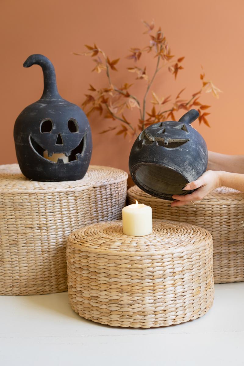 set of 2 black clay jack-o-lanterns