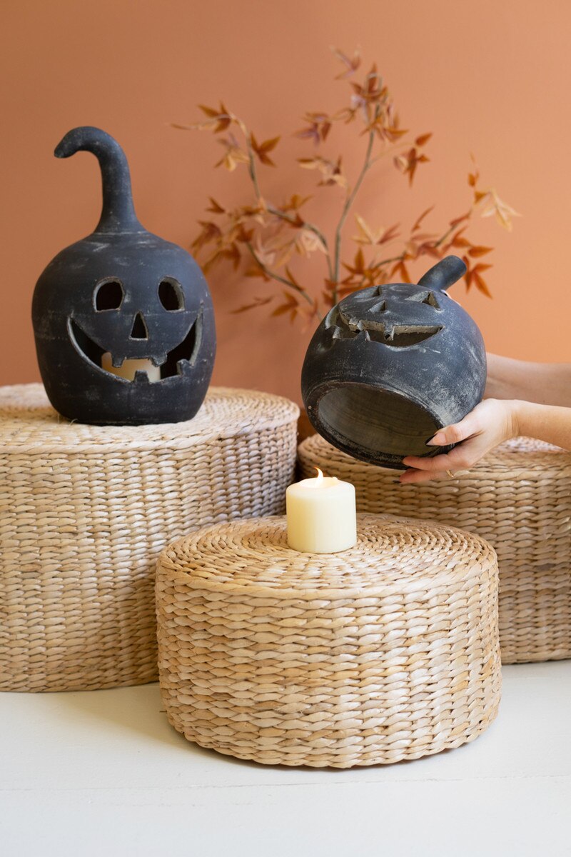 set of 2 black clay jackolanterns