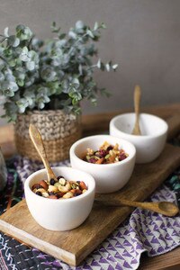 Three White Stone Serving Bowls with Mango Wood Spoons and Base