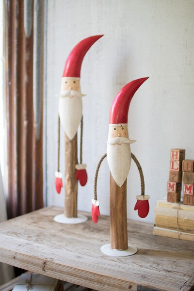 Set of 2 Painted Metal and Wood Santas