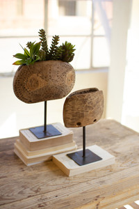 Set of 2 Repurposed Wooden Cowbell Planters on Iron Stand