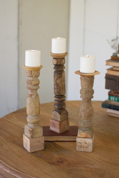 set of 3 assorted wooden candle stands \ antique turned banisters
