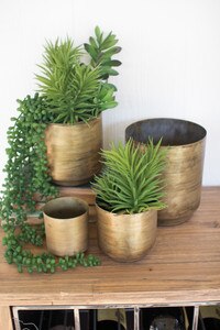 set of four metal flower pots - aged brass finish