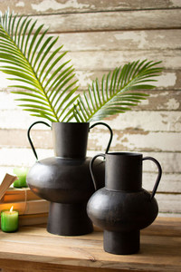 Set of 2 Waxed Black Metal Urns with Handles