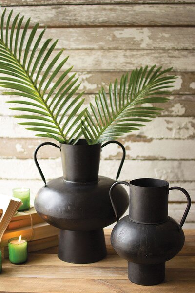 Set of 2 Waxed Black Metal Urns with Handles